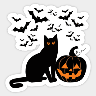 Pumpkin, black cat and bats on Halloween, black and orange Sticker